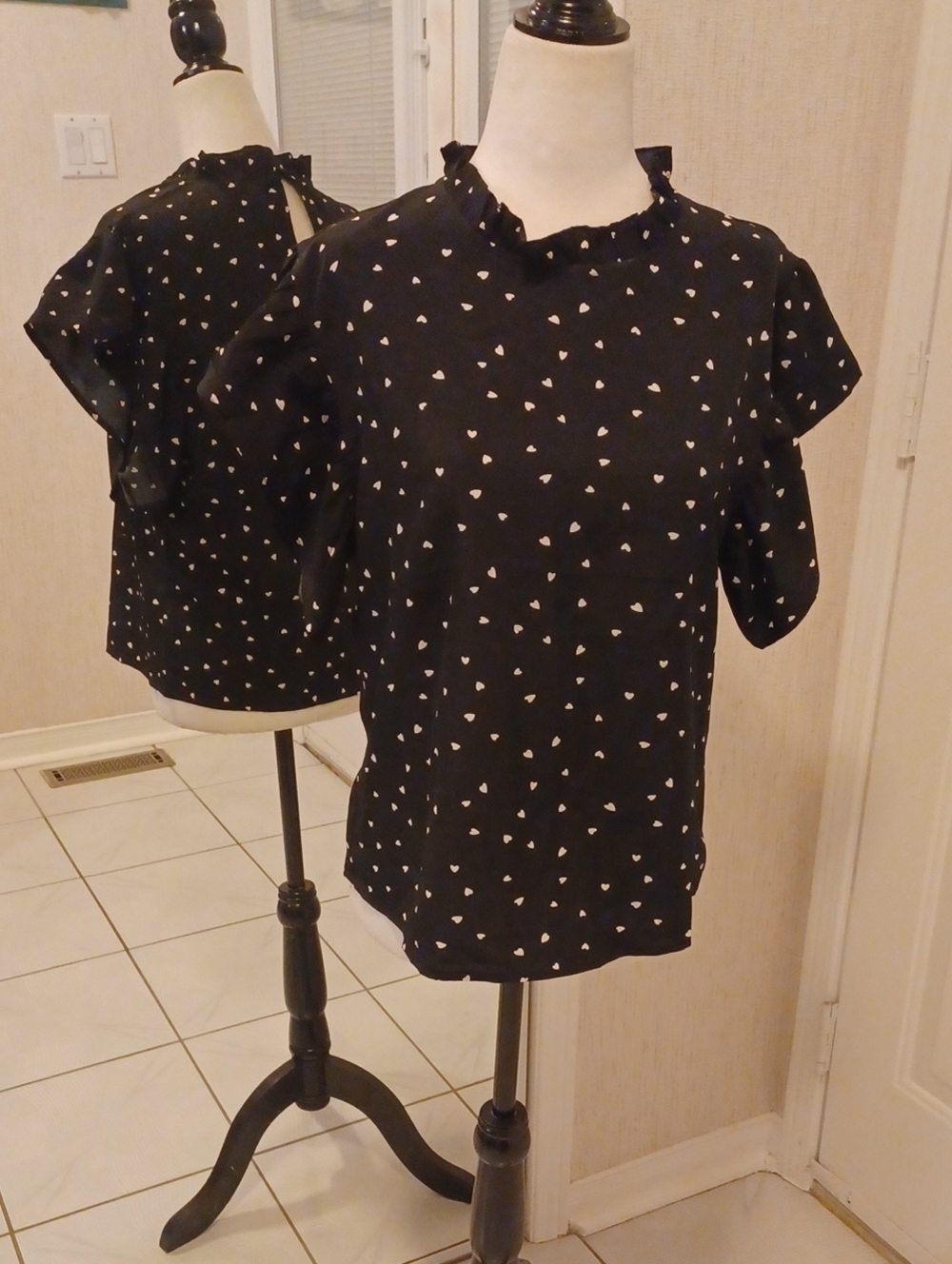 4/$60 New Black Ruffled Short-Sleeve Blouse with White Heart Print - Size Medium
